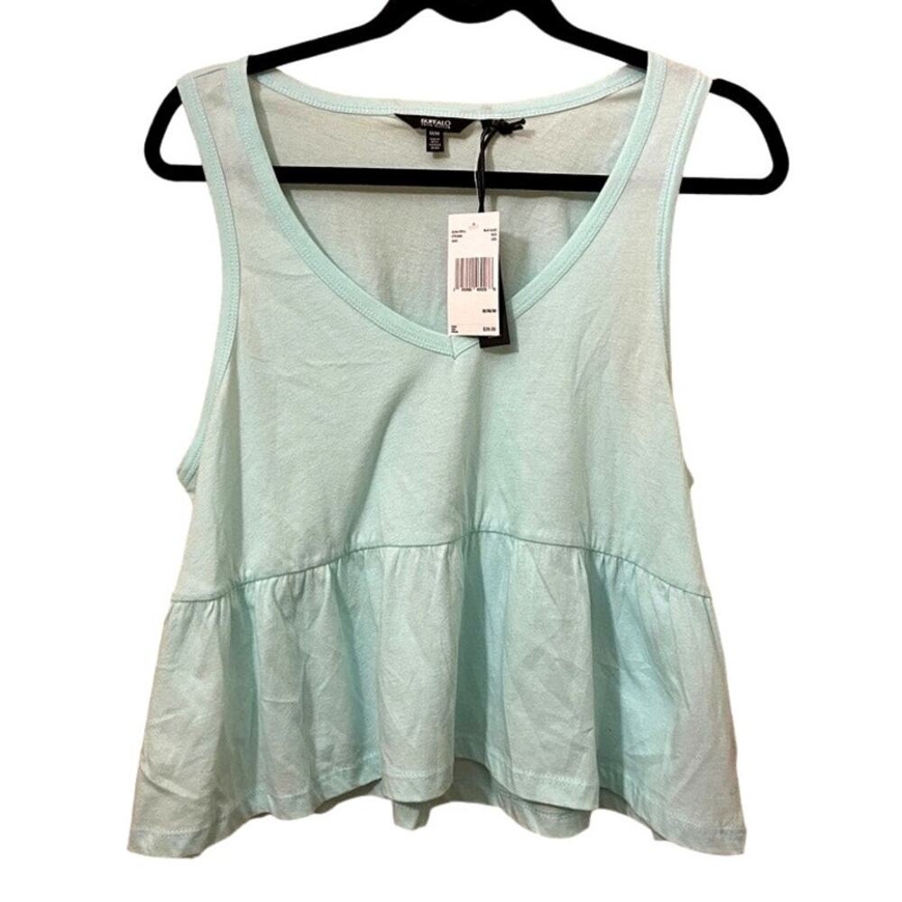 NWT Buffalo David Bitton Olivia Sleeveless Peplum Tank Top Blue Glass Women's M